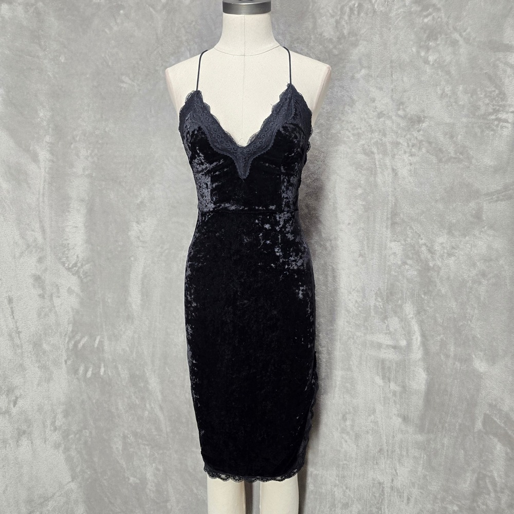 Y2K Velvet Bodycon Dress Womens S Black Lace Trim Strappy Backless Gothic Vamp